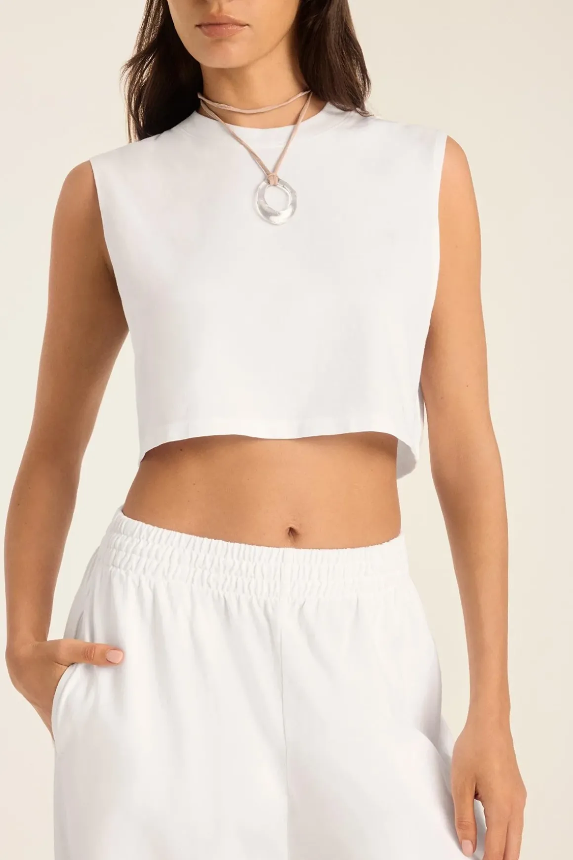 Coast Crop Muscle Tank - White Cotton Jersey