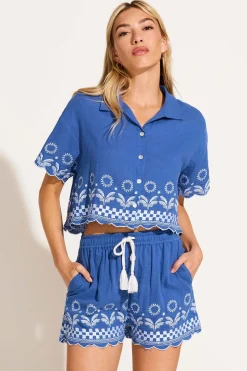 Daya Embroidered Blouse - Cobalt Mykonos