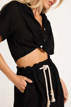 Hana Cropped Shirt - Black EcoLinen