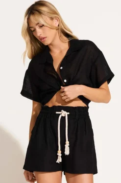 Hana Cropped Shirt - Black EcoLinen
