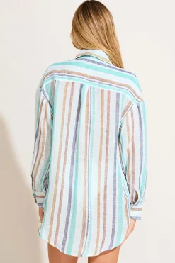 Playa Linen Boyfriend Shirt - Tidal Stripe EcoLinen