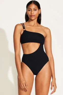 Vitamin A Cosmo One Shoulder One Piece Black EcoRib