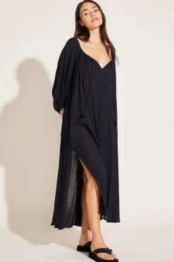 Vitamin A Costa Caftan Black Crinkle Organic Cotton