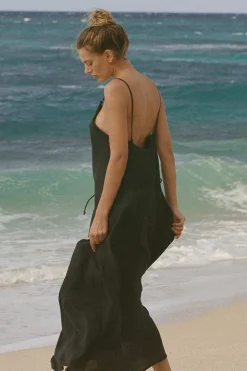 Vitamin A Mari Maxi Dress Black Crinkle Linen