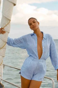 Vitamin A Playa Linen Boyfriend Shirt Summer Stripe EcoLinen