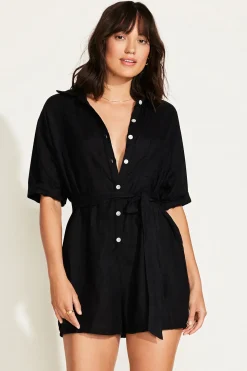 Vitamin A Playa Linen Short Romper Black EcoLinen