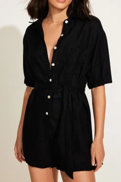 Vitamin A Playa Linen Short Romper Black EcoLinen