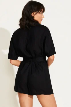 Vitamin A Playa Linen Short Romper Black EcoLinen